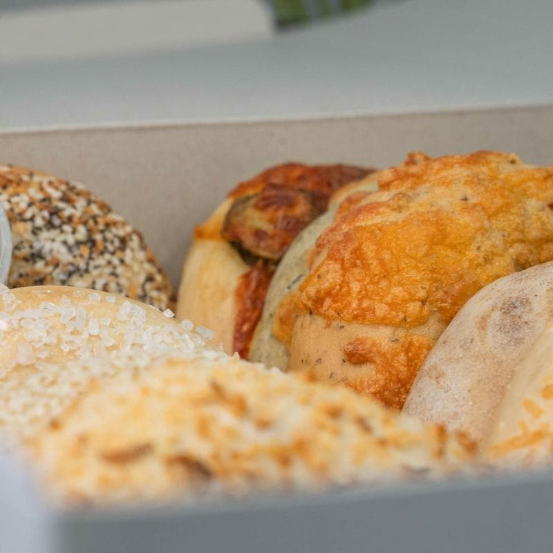 Close-up of assorted pastry in a box.